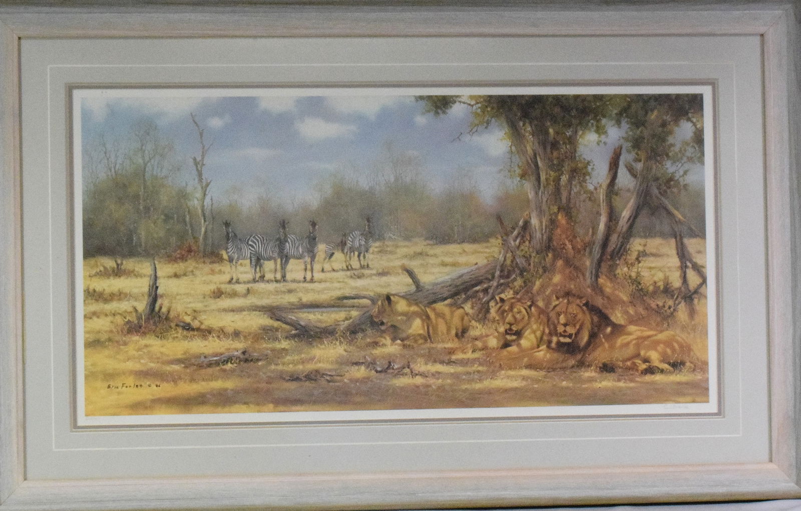 ERIC FORLEE AFRICA WILDLIFE LIMITED EDITION PRINT: Eric Forlee (1949-) China and California. Framed and matted under glass. Signed and numbered 204/950. Image 35 inches x 18 inches. Frame 44 inches x 27 inches. Shipping weight 15 pounds.