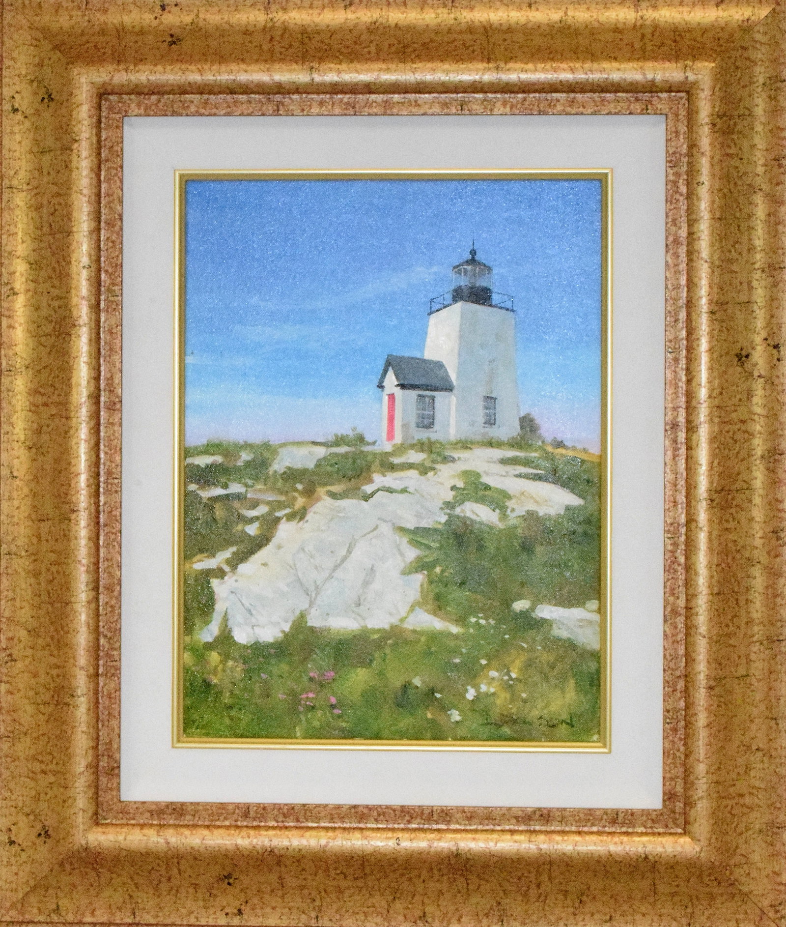 LINDSAY DAWSON "NANTUCKET LIGHT" PAINTING: Lindsay Dawson (Born 1959) is active/lives in California. Lindsay Dawson is known for Figures and bygone era scenes. Framed oil on canvas with COA. Image 12 inches x 16 inches. Frame 22 x 27inches. Sh