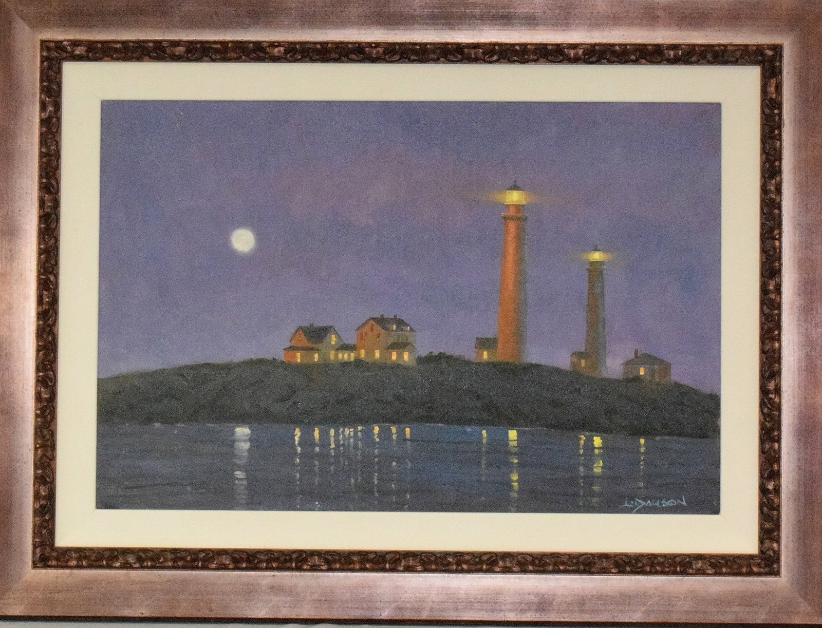 LINDSAY DAWSON "TWIN LIGHTS AT ROCKPORT" PAINTING: Lindsay Dawson (Born 1959) is active/lives in California. Lindsay Dawson is known for Figures and bygone era scenes. Framed oil on canvas with COA. Image 30 inches x 20 inches. Frame 41 x 31inches. Sh