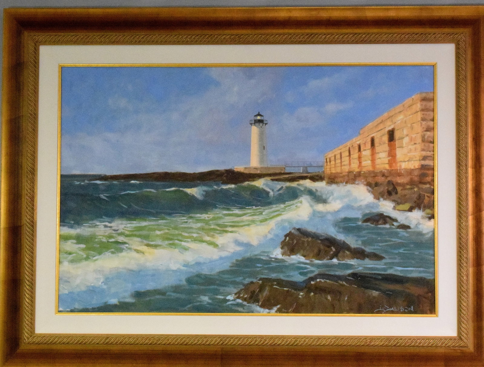LINDSAY DAWSON "FORT CONSTITUTION" PAINTING: Lindsay Dawson (Born 1959) is active/lives in California. Lindsay Dawson is known for Figures and bygone era scenes. Framed oil on canvas with COA. Image 36 inches x 24 inches. Frame 47 x 35inches. Sh