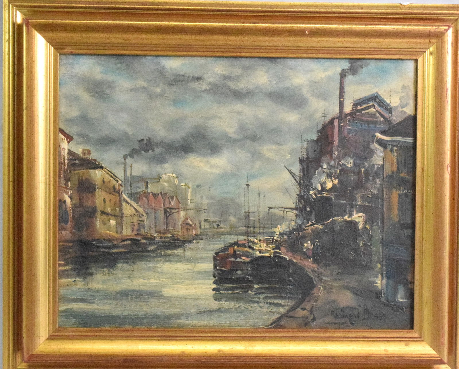 RAYMOND BESSE WPA CANAL STYLE OIL PAINTING: Raymond Besse (1899 - 1969) was active/lived in France. Raymond Besse is known for Modernist, impressionist marine, landscape and village-scene painting. Oil on canvas and framed, WPA styleindustrial