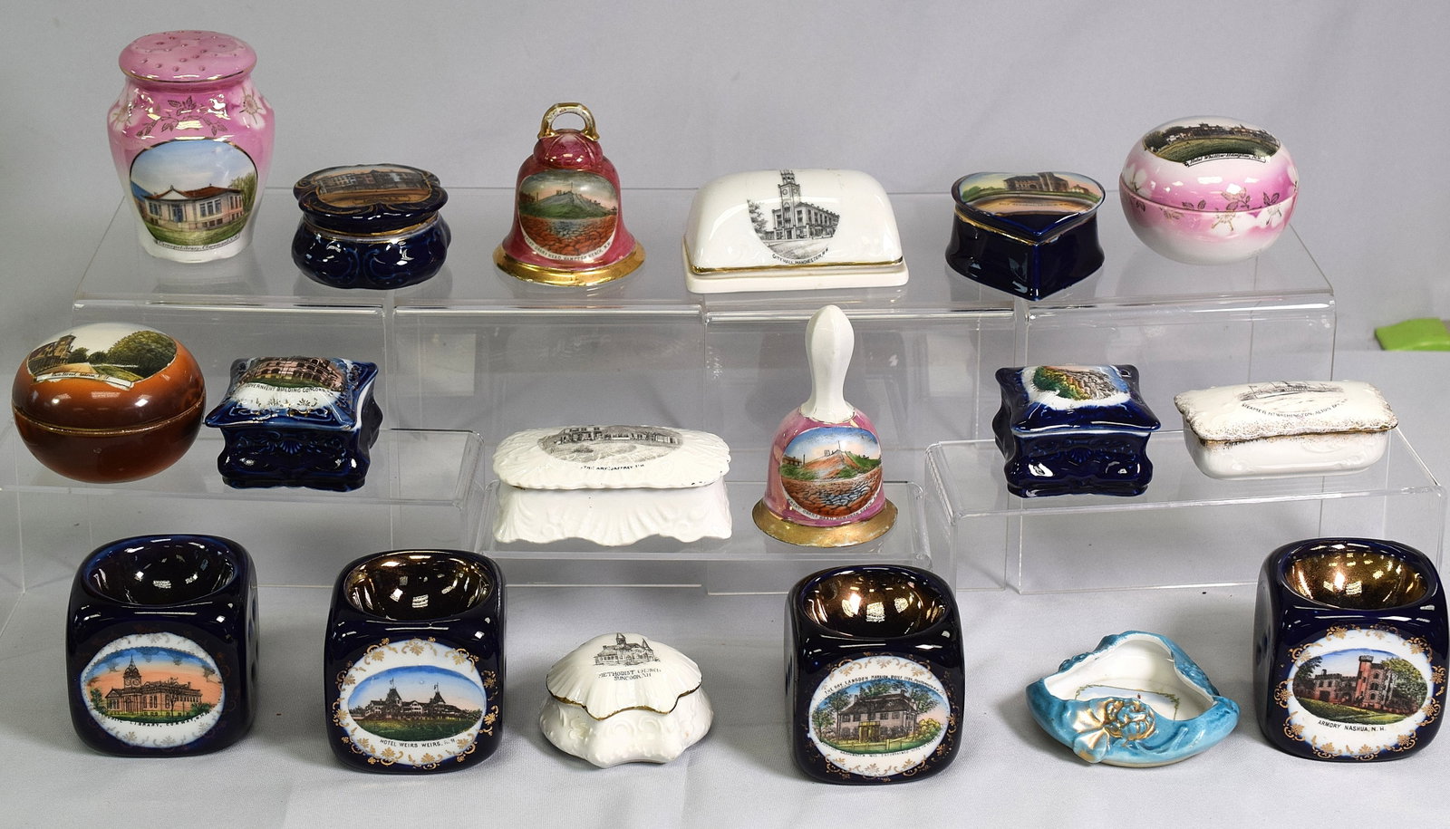 20 PIECES NEW HAMPSHIRE COLLECTIBLE SOUVENIR CHINA: From the extensive collection or dealer and collector of Ron Rainka of Warren, Massachusetts. Large lot of collectible Souvenir China. Various forms and colors. Includes various New Hampshirecities an