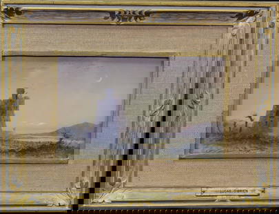LUCIUS RICHARD O'BRIEN WATERCOLOR PAINTING: Plaque marked Lucas O'brien. Lucius Richard O' Brien (Canadian 1832-1899). Image of stone structure along coast with morning mood or daylight. Watercolor under glass. Image 8 inches x 5 inches. Not ex