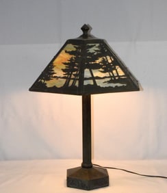 ARTS & CRAFTS BRONZE TABLE LAMP WITH COX SHADE