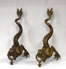PAIR BRONZE FIGURAL DRAGON WALL SCONCES