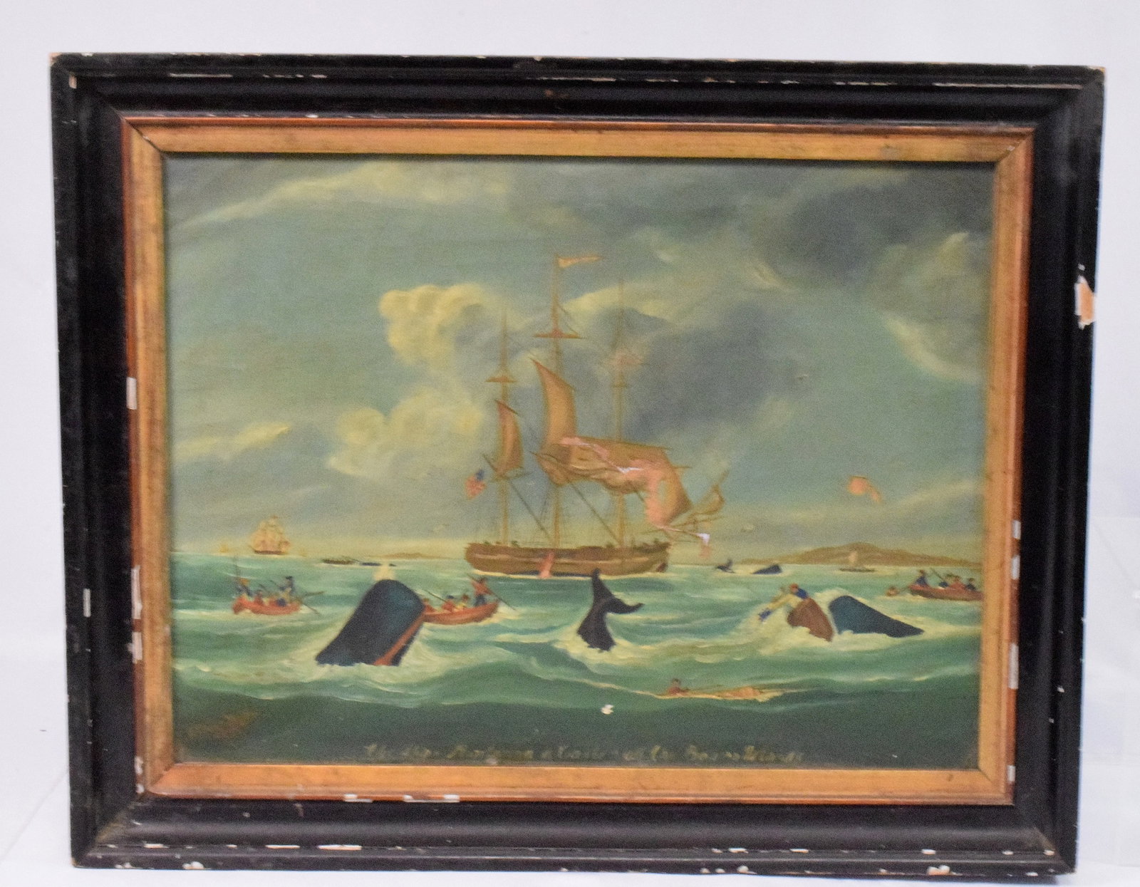 19TH WHALE HUNT OIL PAINTING: American whaling ships in whale hunt. Oil on canvas. Signed William Taylor and dated 1890. Signed lower left. Titled along bottom. Titled The Ship Montanna is caster off the Boaro Islands?Image size 1
