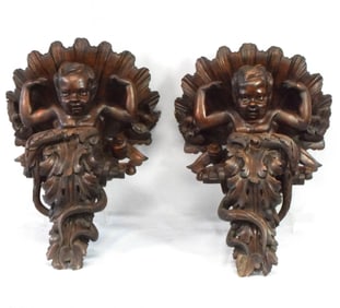 PAIR 19th CARVED BAROQUE WALL BRACKET SHELVES