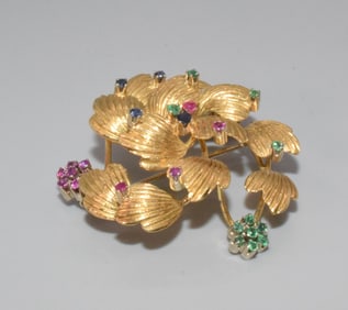 18K YELLOW GOLD & GEMSTONE COCKTAIL BROOCH 1950'S