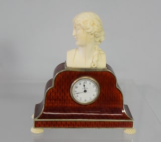 SILVER & GUILLOCHE ENAMEL FIGURAL TABLE CLOCK