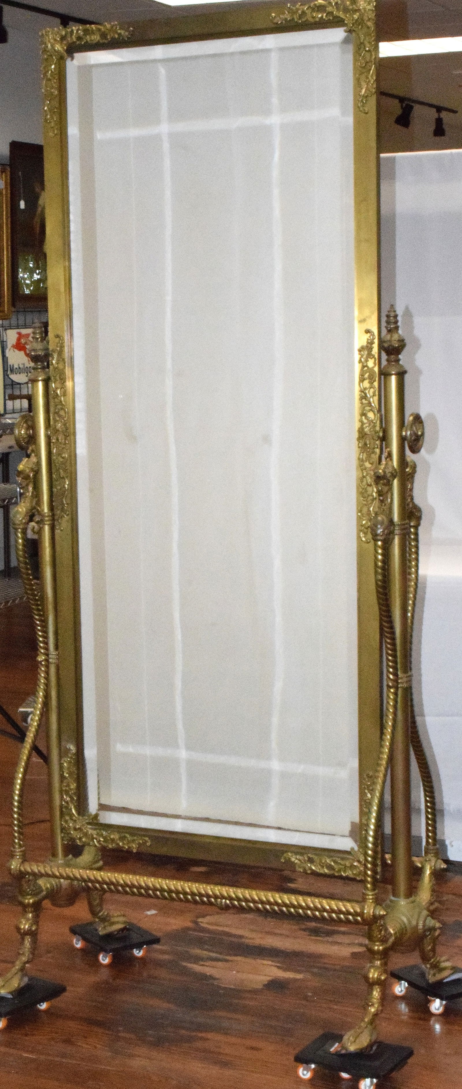 DETAIL FIGURAL BRASS FRAME CHEVEL FLOOR MIRROR (1 of 13)