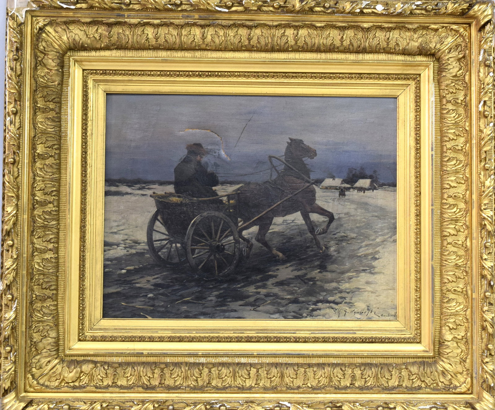MICHEAL GORTSKIN WYWIORSKI OIL PAINTING.: Michael Gortskin Wywiorski, (Polish, 1861-1926). Michael Wywiorsky is known for Landscape, historical event themed paintings.Oil on canvas. Original estate condition with original frame.Both have dama