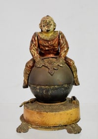 CLOWN ON THE GLOBE CAST IRON MECHANICAL BANK