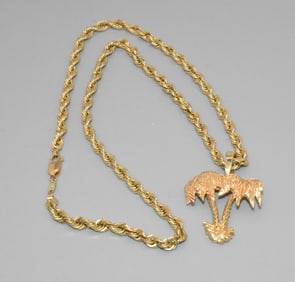 10K ROPE STYLE NECKLACE WITH 14K PALM TREE PENDANT