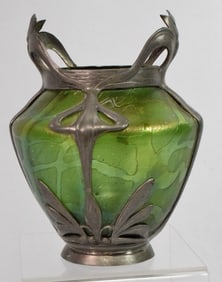 AUSTRIAN ART NOUVEAU GLASS VASE WITH PEWTER MOUNT