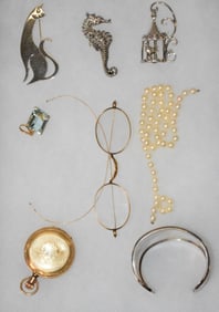 GOLD PLATED POCKET WATCH, GLASSES, & JEWELRY