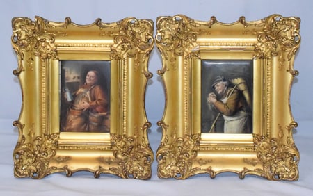 PAIR GERMAN PAINTED PORCELAIN FRAMED PLAQUES