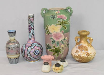 (8) AMERICAN & FOREIGN ASSEMBLED GLASS & CERAMICS: Consists of 1) Attrib. Thomas Webb Opaline Enameled Art Glass Vases. Late 19th Century. Hand painted enamel Moroccan or Persian pattern decoration in colors of blues, greens, pink andblack on duck egg