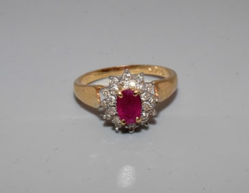 14K YELLOW GOLD, RUBY AND DIAMOND RING