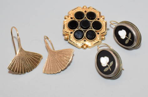 ASSEMBLED GOLD JEWELRY PIECES: Consists of 1) Fan shape 14k pierced earrings. 2.5 dwt. Good condition. 2) 14k Pietra Dura pierced earrings. Oval shape. Post or loops are 14k gold. The mount is not. Good condition. 3) 10k tested &on