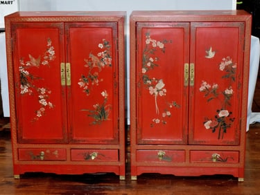 PAIR RED CORAL LACQUERED CABINETS