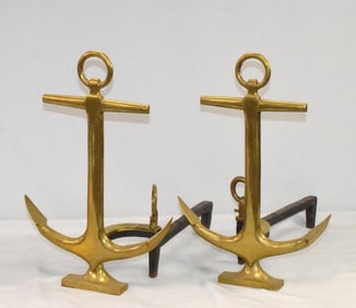 PAIR OF BRASS ROSTAND ANCHOR ANDIRONS