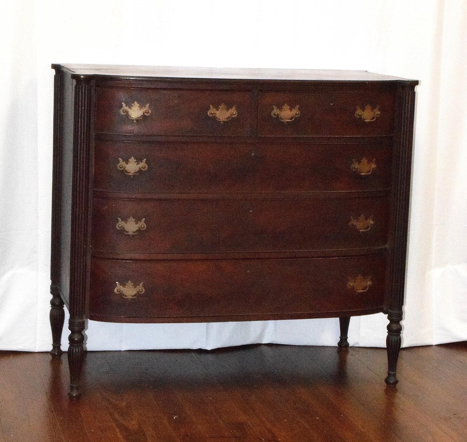 AMERICAN SHERATON BOW FRONT CHEST OF DRAWERS (1 of 8)
