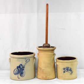 (3) AMERICAN 19TH STONEWARE CROCKS & BUTTER CHURN