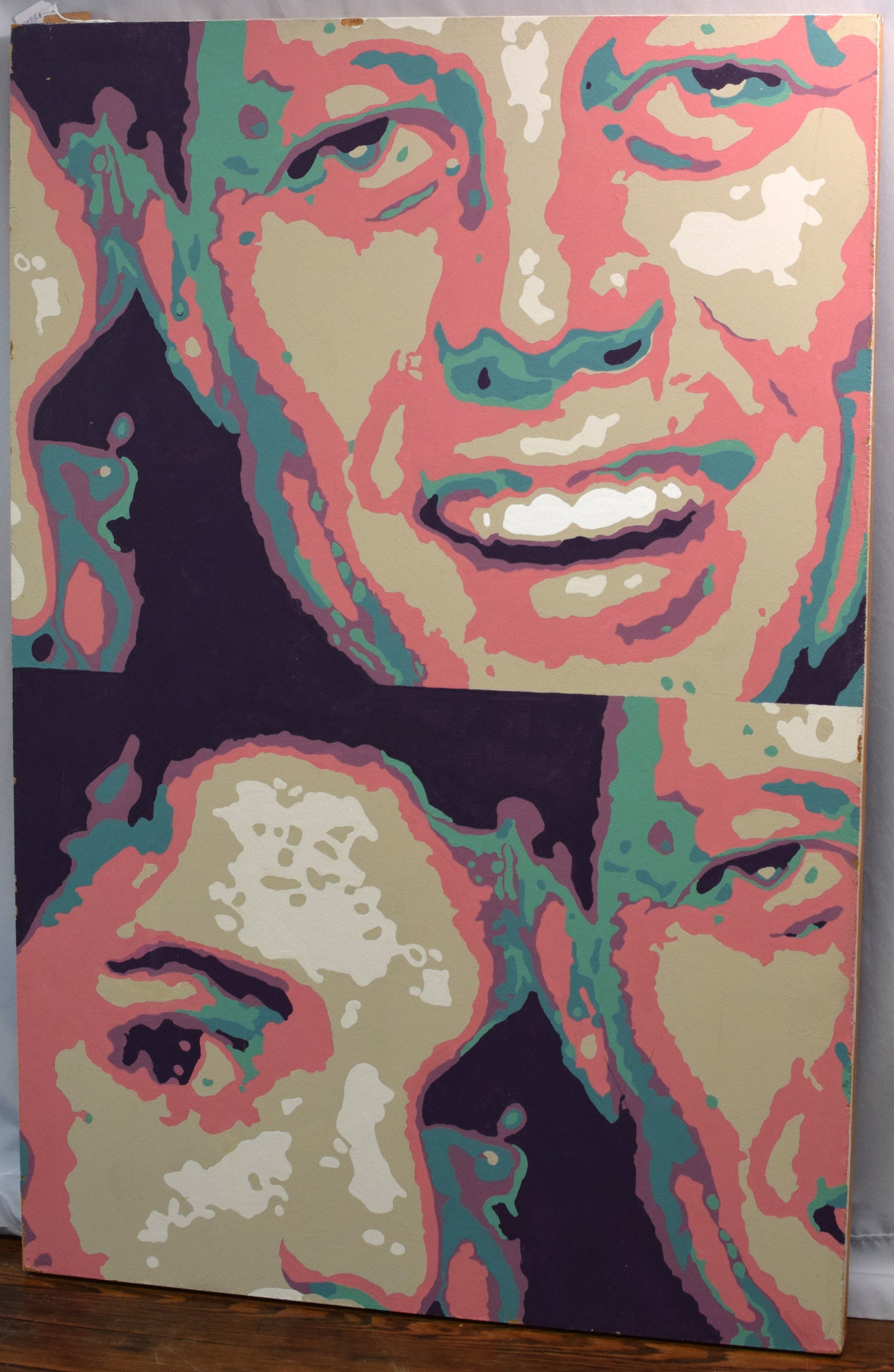 OP ART PORTRAIT OF JOHN F. KENNEDY & JACKIE: Large contemporary oil on board Op Art style oil slick portrait of John F. Kennedy and Jackie Kennedy.. Colors of teal, pink and tan and white on deep purple ground. Unsigned, unframed.Measures 48 inc