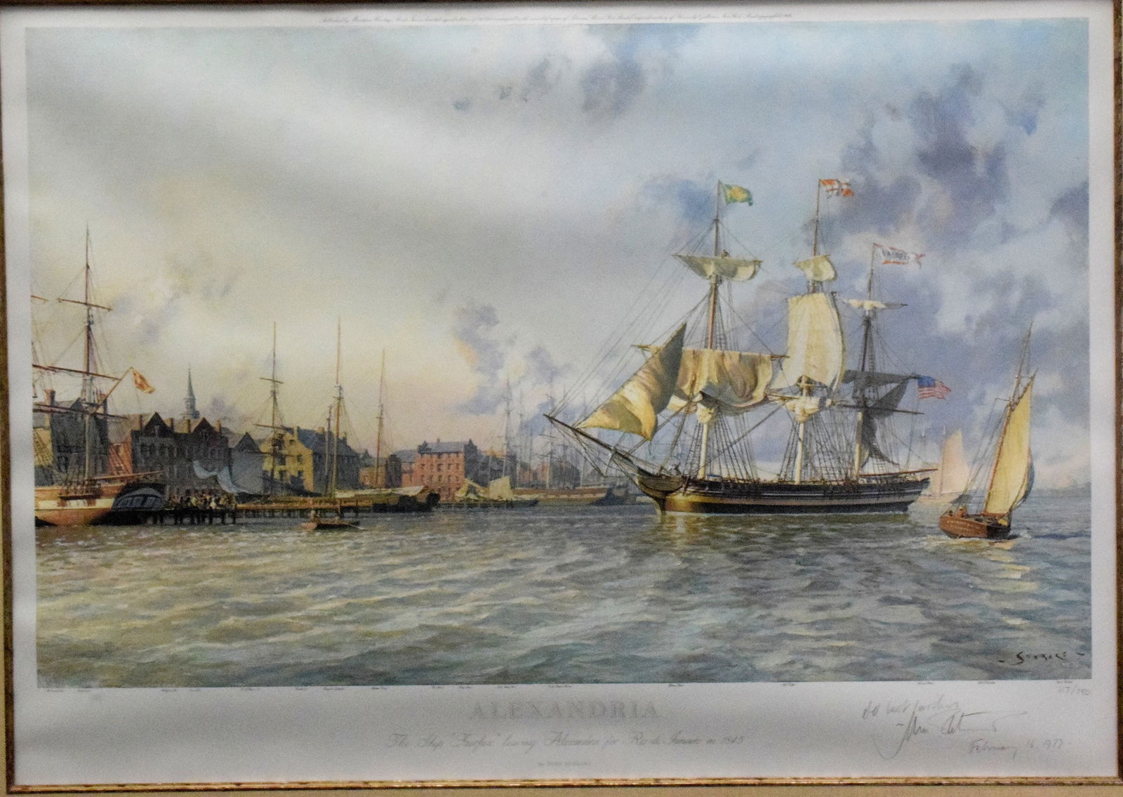 JOHN STOBART LIMITED EDITION PRINT " ALEXANDRIA ": A John Stobart limited edition print, "Alexandria" , reproduction after the original. Framed to a limited reproduction of the original painting, title Alexandria, the ship Fairfax leavingAlexandria fo