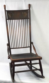 VICTORIAN CARVED SPINDLE BACK OAK ROCKING CHAIR