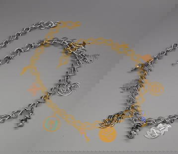 14K YELLOW GOLD NECKLACE with 14k & 10k CHARMS: Linked design. Marked and tested. 19 inches long. Necklace is 14k. with 9 charms are 14k and the other 2 charms are 10k. Weight of the 14k gold is 31.7 DWT. The 10k weight is 3.9 DWT Total weight 35.6