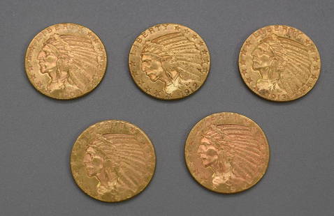 (5) US $5 DOLLAR INDIAN HEAD GOLD COINS: Dates include. 1909, Good condition. 1912, Good condition. 1913, Good condition. 1915, Good condition. 1915, Good condition. Whites auctions will not take credit cards on gold jewelry,silver or bullio