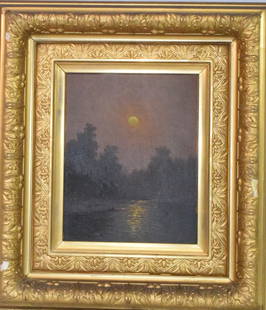 AMERICAN SCHOOL MOONLIGHT OIL PAINTING: Ca. 19th century. Oil on board. Image 8 inches x 10 inches. Unsigned. Original gold gilt frame. Frame. 16 inches x 20 inches. Estate untouched painting. Some loss to frame. Shipping weightapprox. 4 po