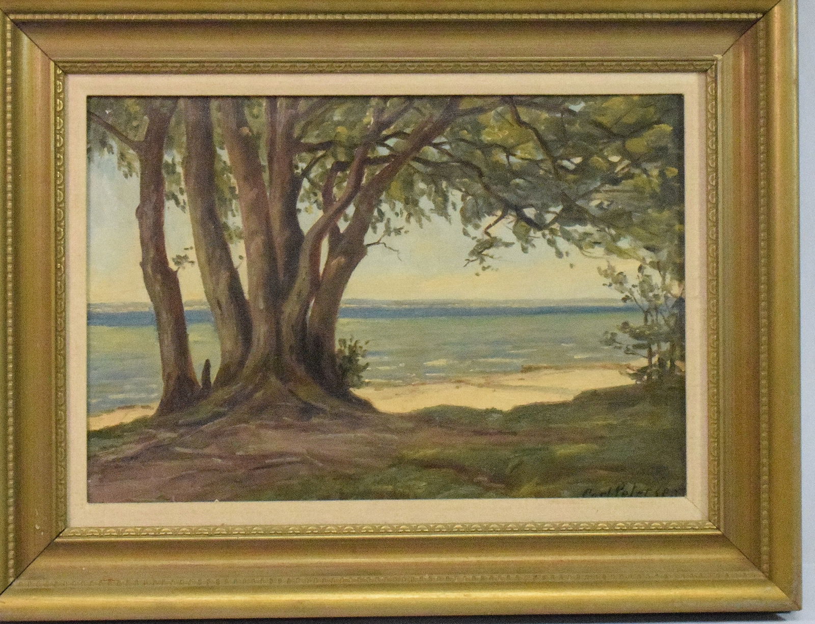 CARL PETERSEN (1882-1940) OIL PAINTING: Carl Petersen (1882 - 1940) was active/lived in Denmark. Coast or lake shoreline. Signed lower right. Oil on canvas. Image 17 inches x 12 inches. Frame 23 inches x 17 inches. Good condition.Shipping w