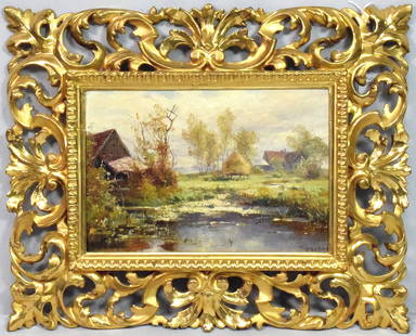 JACQUES MATTHIAS SCHENKER (1854-1927) OIL PAINTING: Jacques Matthias Schenker (1854 - 1927) was active/lived in Switzerland. Oil on cardboard. Titled canal au printemps. Image 10 1/2 inches x 7 inches. House with pond. Signed lower right withlabel on b