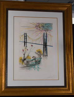 SALVADOR DALI (1904-1989) LIMIT EDITION PRINT: Salvador Dali (1904 - 1989) was active/lived in France, Spain. Golden Gate Bridge. Ca 1970. Color etching. In pencil Artist's signature and edition number (#62/75) to the lower margins. 18 inches x 25