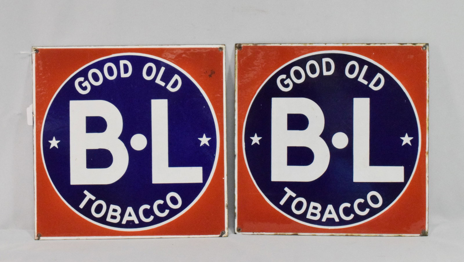 (2) GOOD OLD TOBACCO PORCELAIN SIGNS: Both 15 inches x 15 inches. Single sided. Good condition. Bright colors. Light wear. Shipping weight 4 pounds.