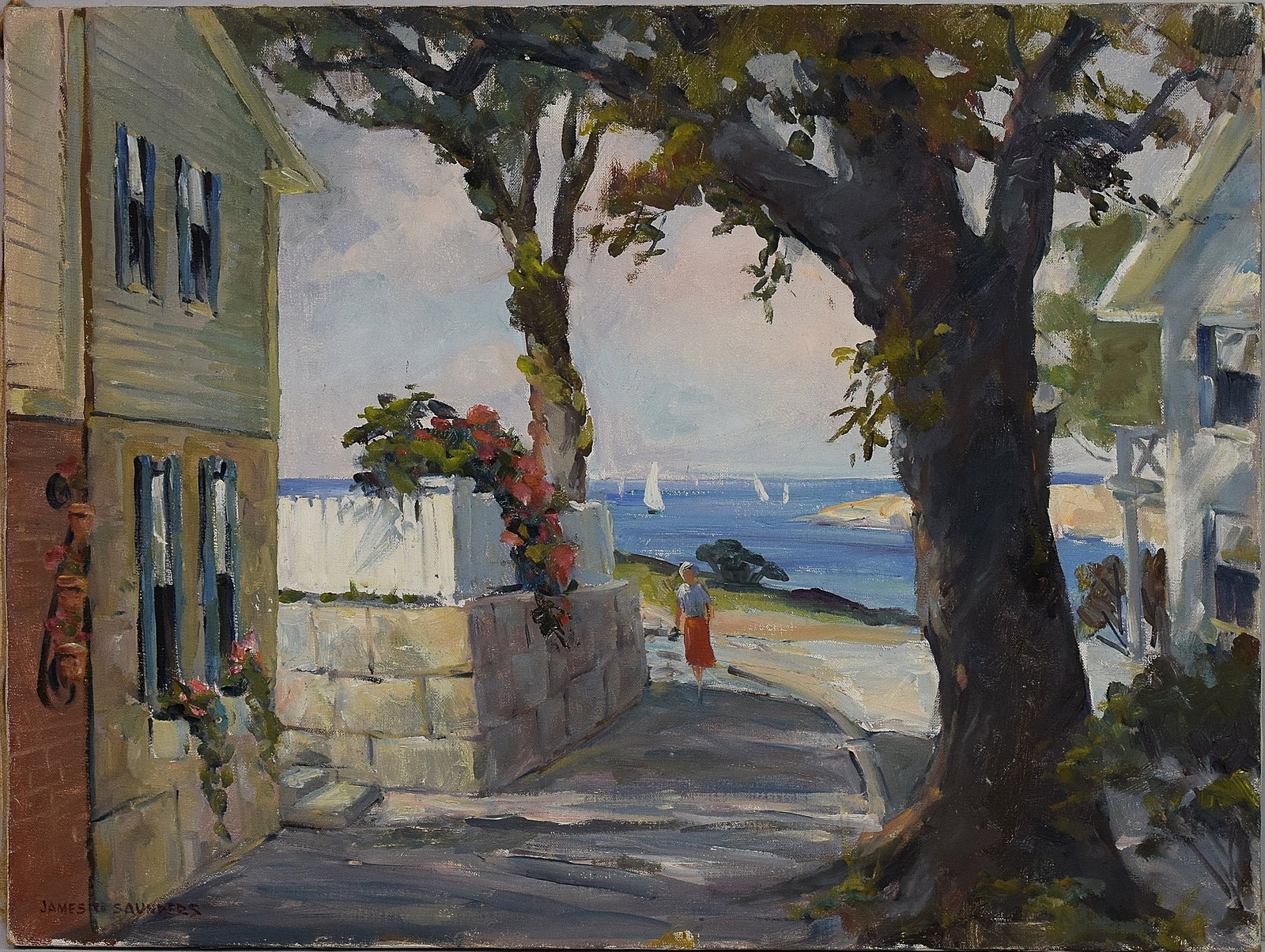 JAMES SAUNDERS ROCKPORT STREET PAINTING: James G. Saunders (American 1921-1980),. Oil on canvas. Titled on back stretcher King Street Rockport Mass. Coastal Rockport street with figure and sail boats. Image 24 inches x 18 inches.Signed lower