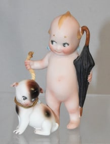 BISQUE KEWPIE TRAVELER WITH KEWPI DOODLE DOG