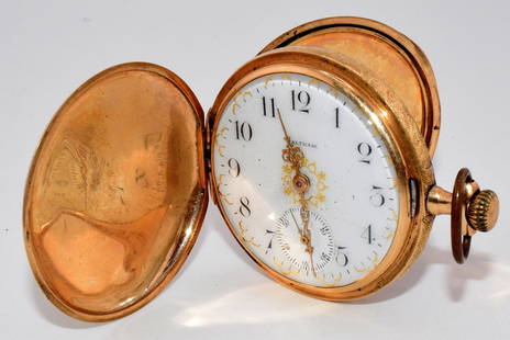 14K YELLOW GOLD WALTHAM HUNTERS CASE POCKET WATCH: Waltham 14k gold pocket watch. Hunters case. Hinged front does not stay closed. Small hairline on fancy face. Replaced crystal. P. L. Bartlett 17 jewel movements. Serial number 19003531. Watch works f