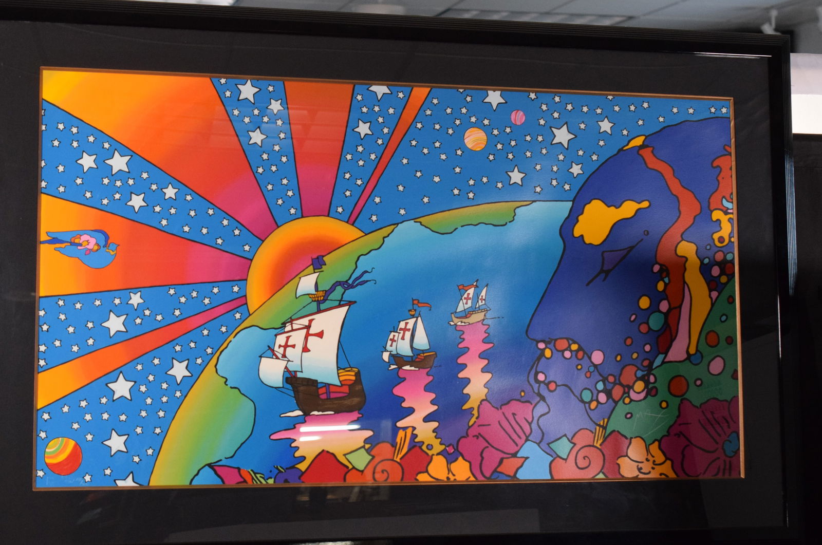 PETER MAX DISCOVERY HAND SIGNED SERIGRAPH: Peter Max (New York/Germany, b.1937). Peter Max discovery. Image 47 inches x 27 inches. Limited edition 238/300 with stamps or watermarks. Framed and matted under glass. Frame 57 inches x 27inches. Sh