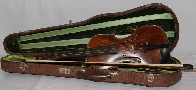 NICOLAUS AMATUS VIOLIN WITH CASE AND BOW: Nicolaus Amatus violin with a bow with case, label inside violin reads 'Nicolaus Amata Fecit Cremona 1673'. 19th/20th copy. Good condition, some expected wear. Measures approx. 23 inches (violin) 31 i
