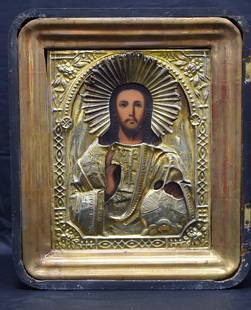 19TH SHADOW FRAME CHRIST ICON: Ca early 19th century. Icon 7 inches x 8 1/2 inches. Painted wood panel. Gold gilt repousse Riza Russian Iron. Not examine out of frame. Not hallmarks on frame. We Believe gilded and silverplate on me