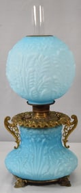 19TH GONE WITH THE WIND BLUE SATIN GLASS OIL LAMP