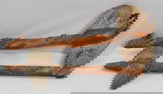 TWO EARLY NATIVE AMERICAN STONE HEAD TOMAHAWKS: Consist of two tomahawks in this lot. 1) Rough carved stone head with pointed end. Measures 5 inches long. Sinew rope attached and carved wood handle. 2) Large oval axe head with rounded ends. Measure