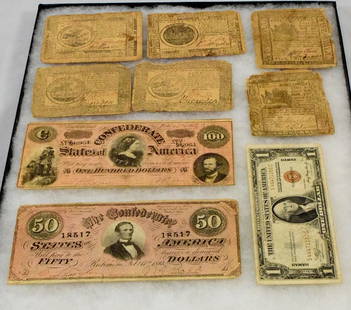 (9) ASSEMBLED US PAPER CURRENCY NOTES: Grouping consists of colonial, Civil War and 1 Hawaii note. Currency is not graded and is worn. 1) 1776 Philadelphia Continental U.S. Currency for $5 dollars. Worn. 2) 1776 Philadelphia Continental U.