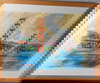 KERRY HALLAM SAN FRANCISCO BAY ACRYLIC PAINTING OVER MAP