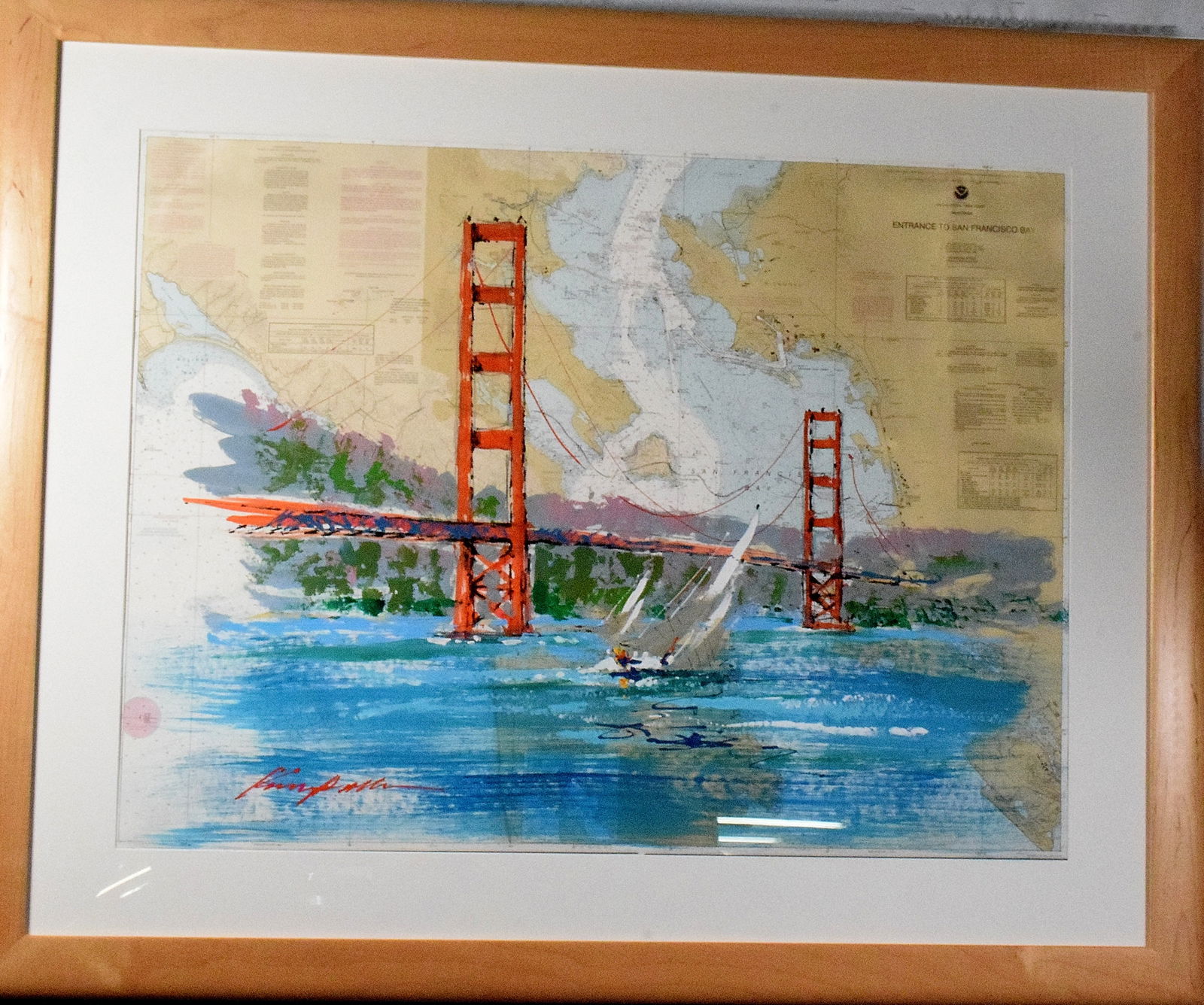 KERRY HALLAM SAN FRANCISCO BAY ACRYLIC PAINTING OVER MAP: KERRY HALLAM (American b. 1937) "San Francisco Bay" Acrylic painting on map. image 30 1/4 x 23 inches; Frame: 40 x 32 inches. Signed lower left Kerry Hallam. Framed and matted under glass. Shipping we