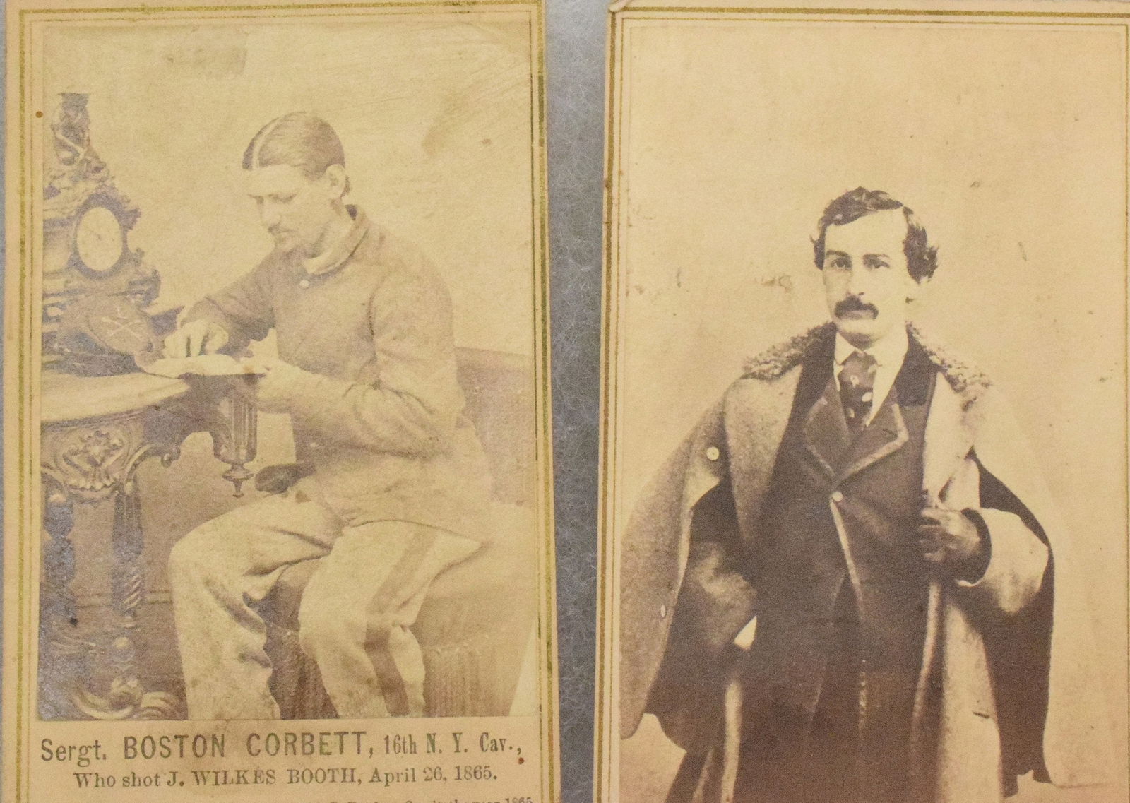 CDV SGT THOMAS CORBETT-BRADY & JOHN WILKES BOOTH: Two CDV's 1) Sgt. Thomas "Boston" Corbett who shot John Wilkes Booth who assassinated Abraham Lincoln. CDV by Matthew Brady's Galleries. Some wear and soiling. 2) John Wilkes Booth CDV was Abraham Lin