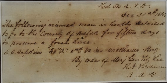CONFEDERATE 1864 FRAMED DOCUMENT BY A.P. MASON